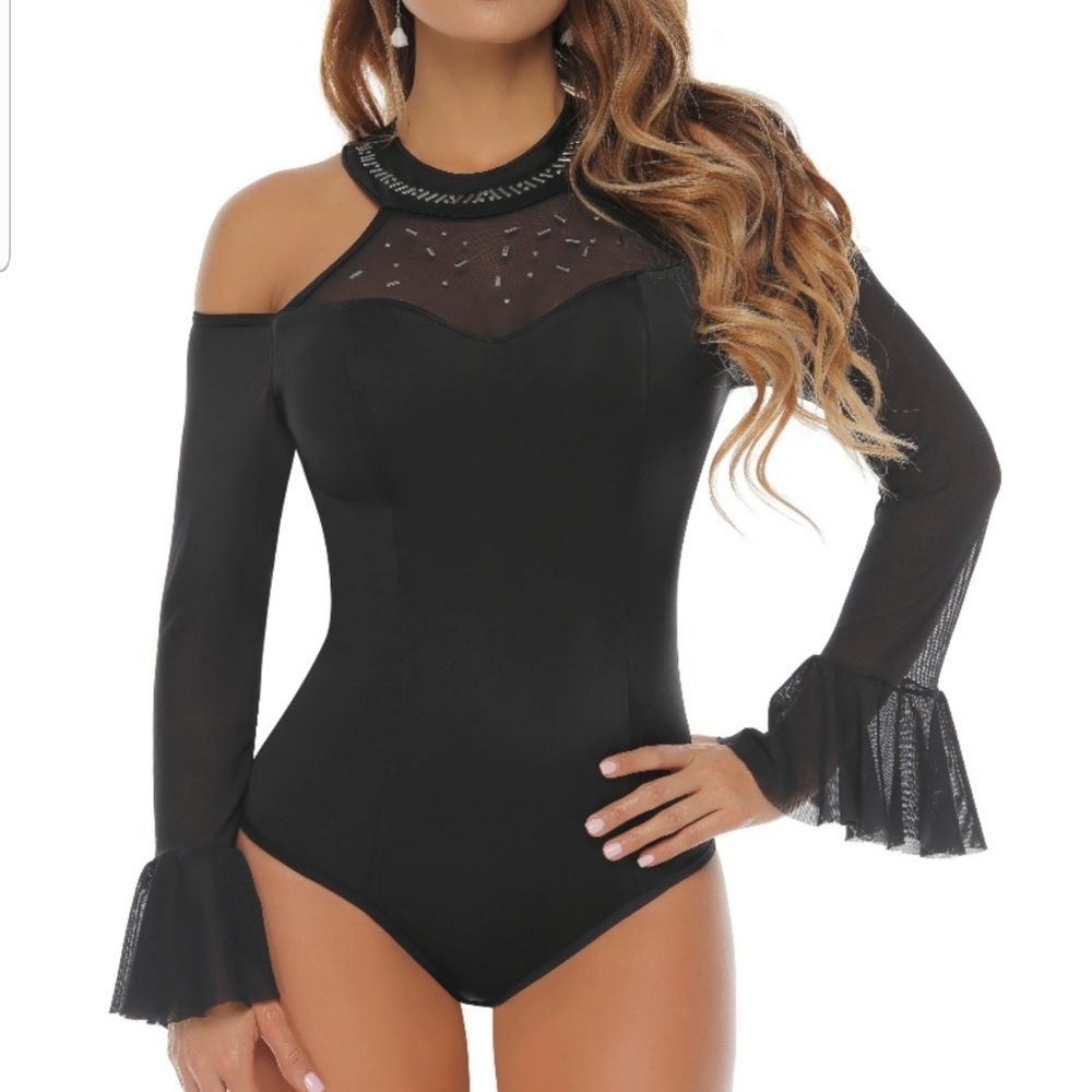 Sexy Black Off Shoulder Bodysuit Sheer Mesh Sleeve Ruffle Club Night Out NWT
